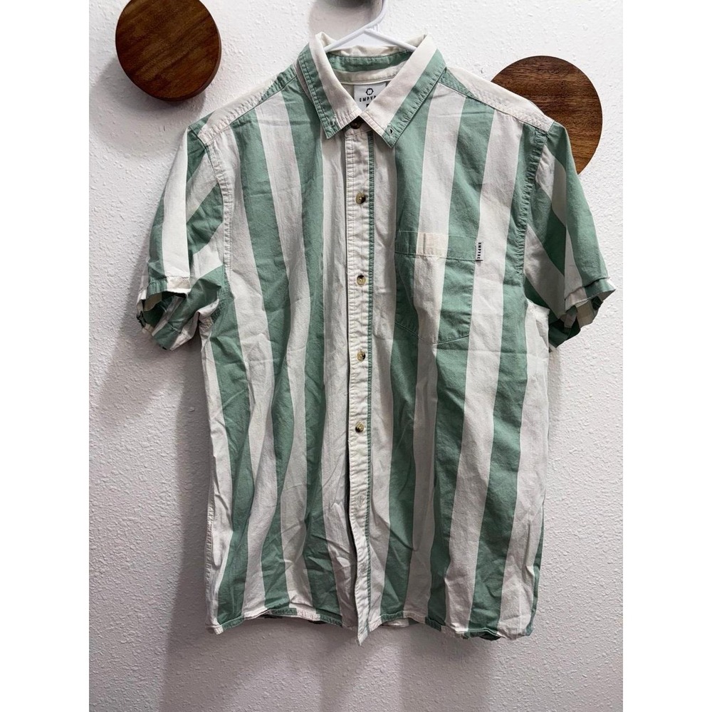 Empyre Sage Green White Striped Short Sleeve Button Down Shirt Cotton Medium